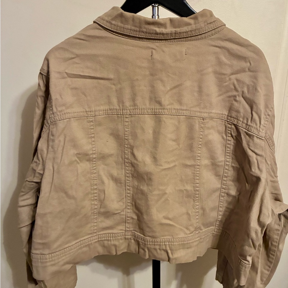 Ashley Stewart Tan Cropped Twill Jean Jacket Utility Wide Cuff Classic Clean 2X - Picture 7 of 9
